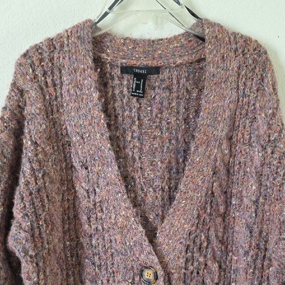 Forever 21 Cozy Brown/Light Purple Cable Knit Cardigan Sweater Size: Medium - Picture 6 of 8